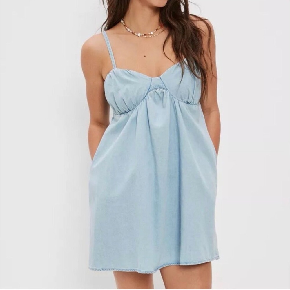 American Eagle Ruched Corset Babydoll Mini Dress Blue Denim Size L